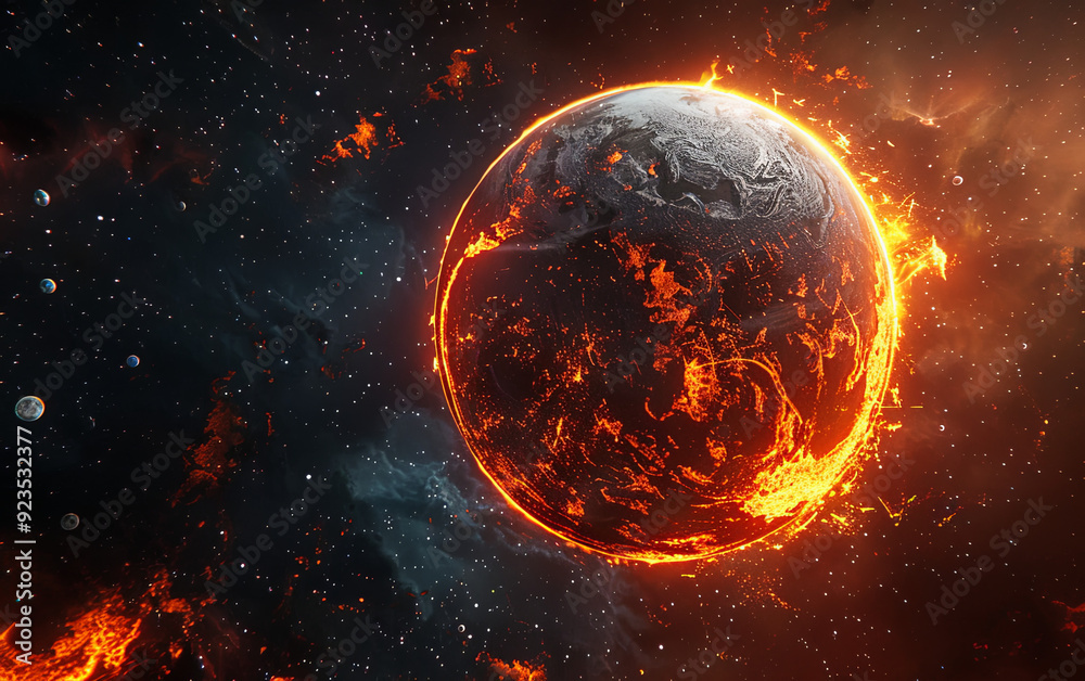 High-Resolution Digital Rendering of an Orange Planet with Red Lava and Smoke Against a Black Space Background, Featuring a Distant View with Earth-like Horizon, Exploding Nebula, and Two Moons Enhanc High-Resolution Digital Rendering of an Orange Planet with Red Lava and Smoke Against a Black Space Background, Featuring a Distant View with Earth-like Horizon, Exploding Nebula, and Two Moons Enhanc