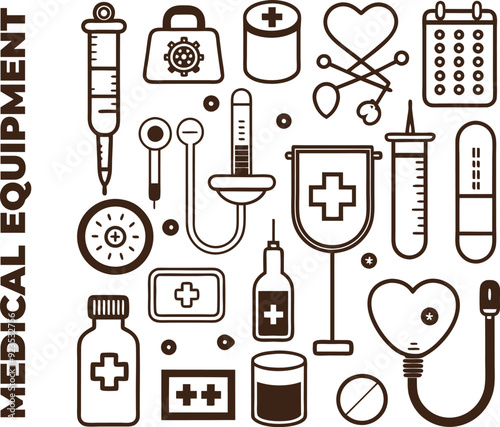 medical icons set, black and white illustration