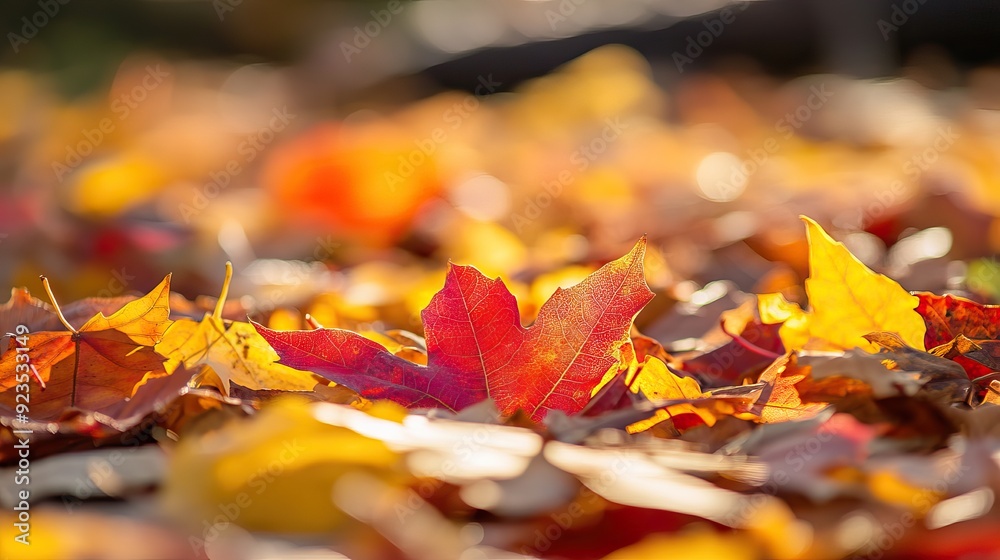 Close-Up of Colorful Autumn Leaves with Warm Sunlight and Soft Shadows. AI generated illustration