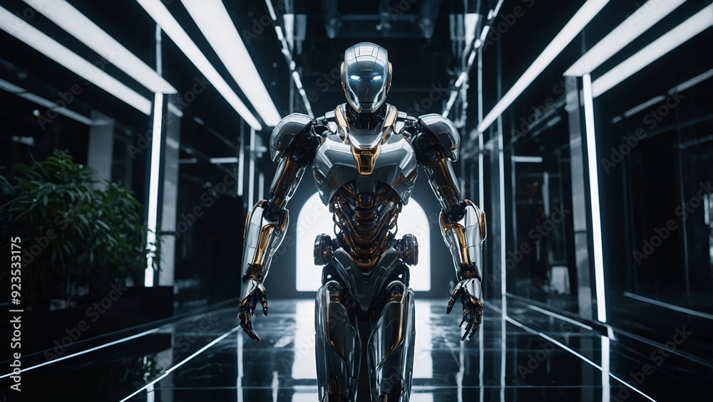 Avant-Garde Fashion Photograph of Elegant Silicon Sentinel with Sleek Metallic Surface Avant-Garde Fashion Photograph of Elegant Silicon Sentinel with Sleek Metallic Surface