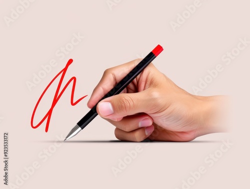 Hand signing document, copyright stamp visible, flat design illustration photo