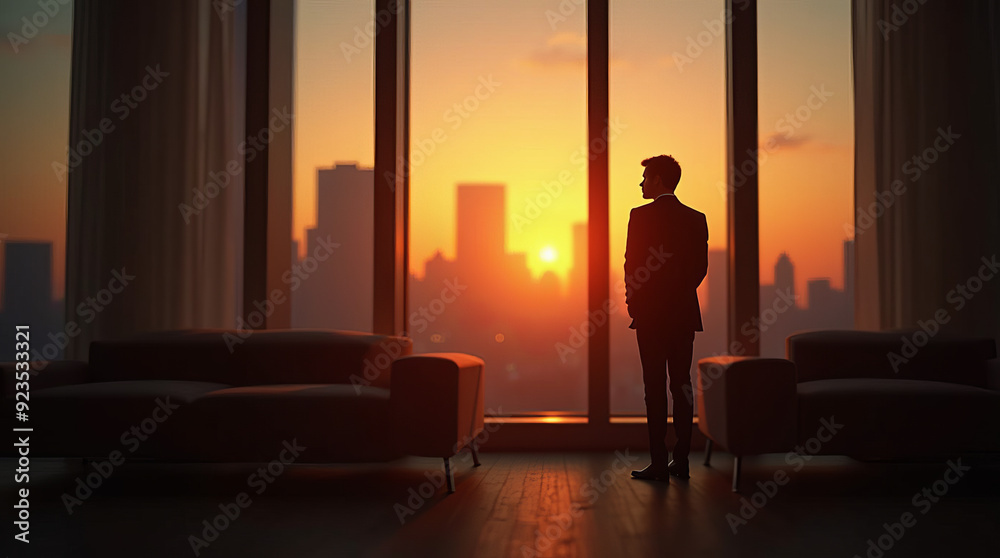 Businessman Contemplating City Skyline at Sunset: Reflective Executive Observing Urban Landscape from High-Rise Office Businessman Contemplating City Skyline at Sunset: Reflective Executive Observing Urban Landscape from High-Rise Office