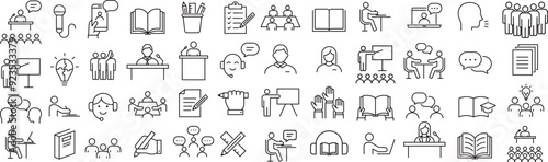 ベクターでモノクロの研修に関する線画アイコンセット