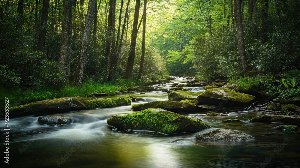 Peaceful Stream Flowing Over Moss-Covered Rocks in a Dense Forest with Dappled Sunlight. AI generated illustration Peaceful Stream Flowing Over Moss-Covered Rocks in a Dense Forest with Dappled Sunlight. AI generated illustration