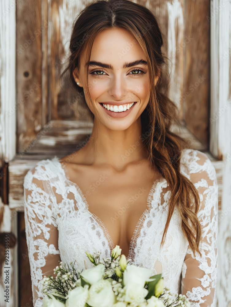 beautiful bride in a white wedding dress, holding a bridal bouquet, in front of a vintage church door. generative ai beautiful bride in a white wedding dress, holding a bridal bouquet, in front of a vintage church door. generative ai