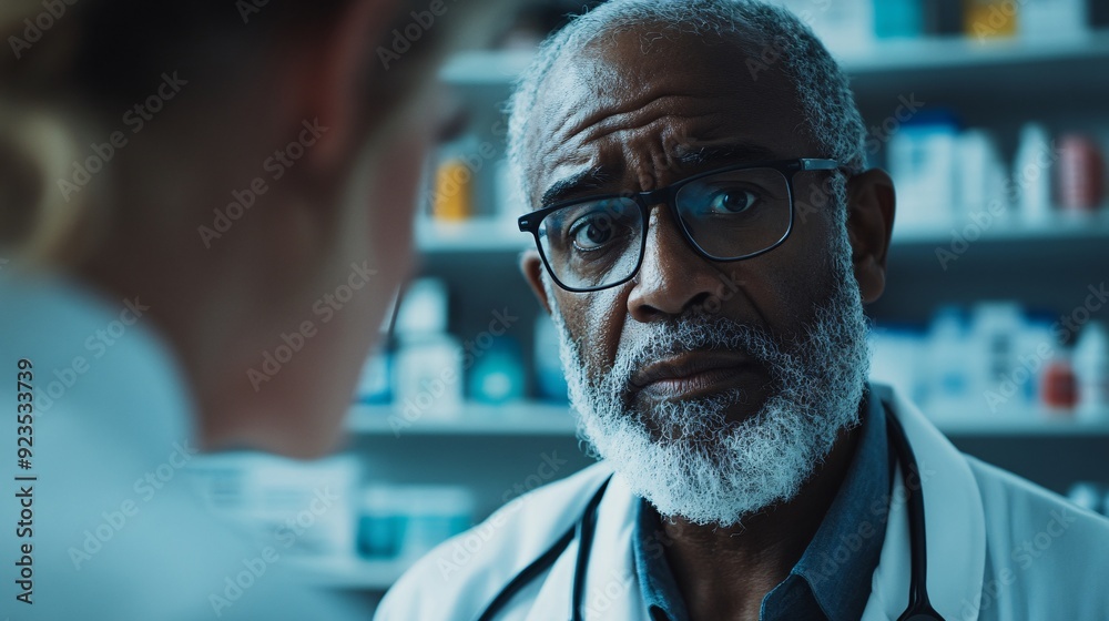 Serious Senior Doctor Talking with Patient in Pharmacy Serious Senior Doctor Talking with Patient in Pharmacy