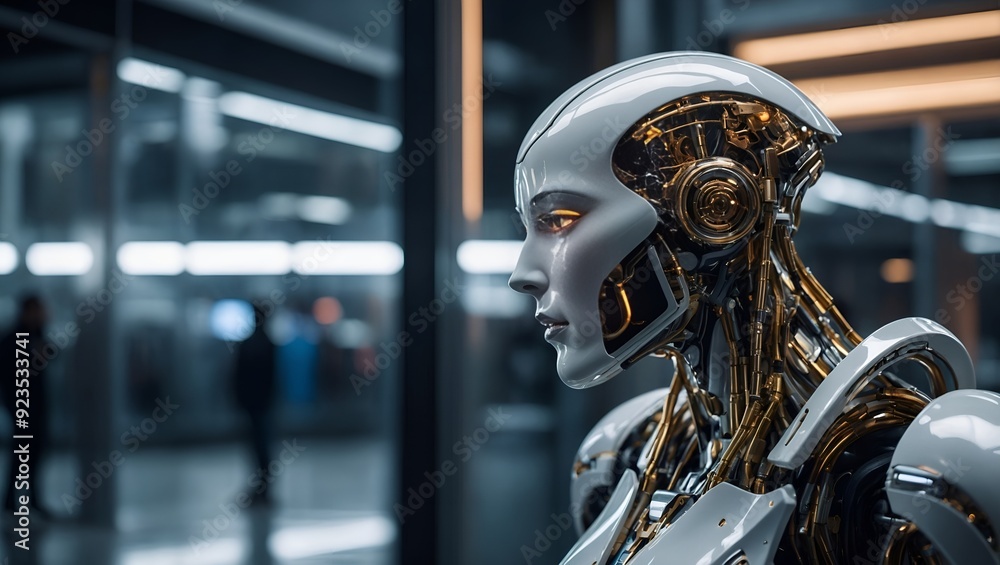 Fototapeta premium Avant-Garde Fashion Photograph of Elegant Silicon Sentinel with Sleek Metallic Surface