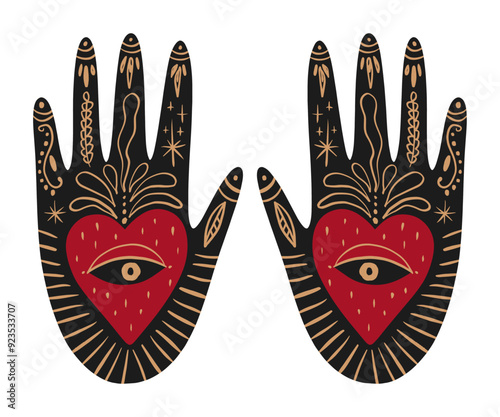 Magical boho patterned hand art mystical meditation witchcraft sacred symbol. Hamsa magical palm with Nazar eye shaped amulet inside. Illustration for yoga and reiki, holistic medicine spiritual