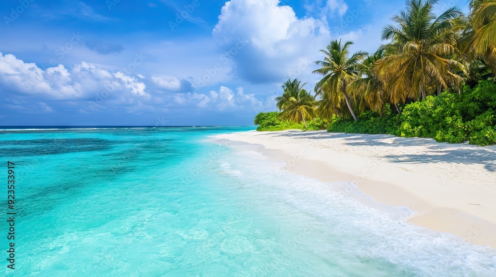 Fototapeta premium Secluded Tropical Beach with Crystal-Clear Turquoise Water and Swaying Palm Trees. AI generated illustration