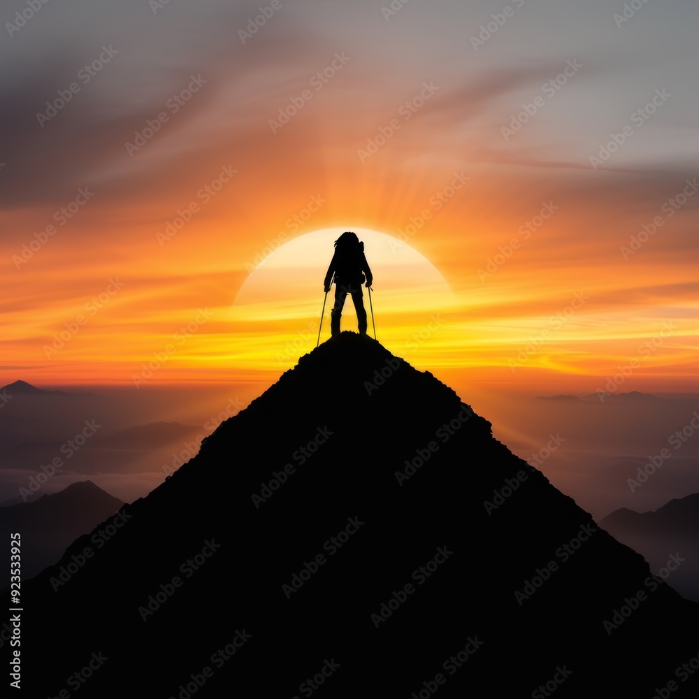 Hiker standing on a mountain peak, hiking, adventure Hiker standing on a mountain peak, hiking, adventure