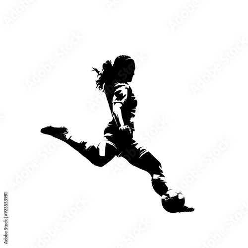 Football women, female soccer player kicking ball, isolated vector silhouette, ink drawing, Football women, female soccer player kicking ball, isolated vector silhouette, ink drawing, spotting blacks