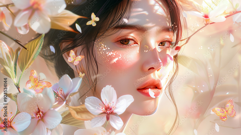 Beautiful young asian woman with flowers and petals on her face. Light background and sunlight. Beauty parlor banner concept,