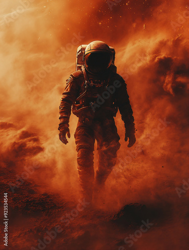 Astronaut exploring Mars surface in orange dusty storm atmosphere, futuristic space travel concept for science fiction and planetary exploration themes