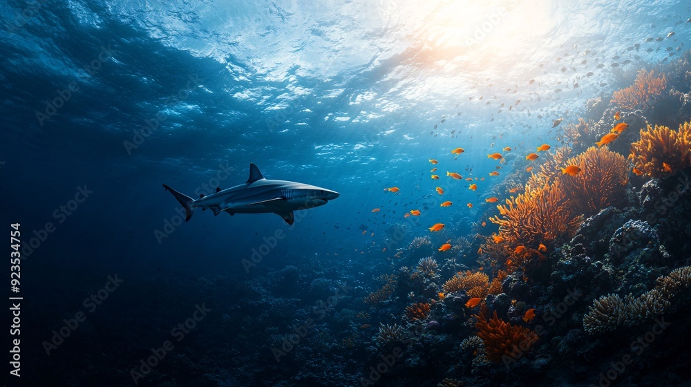 Underwater Scene with Shark and Coral Reef