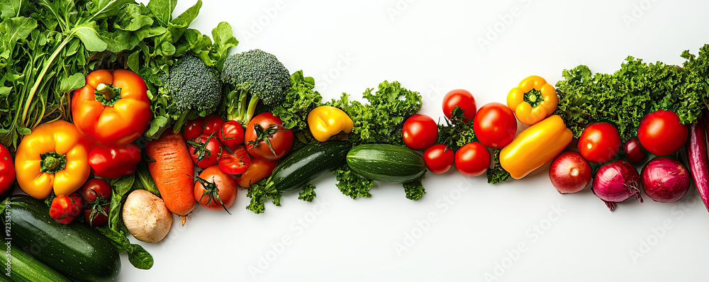 An array of fresh, colorful vegetables on a white surface, displaying bell peppers, cauliflower, broccoli, and other greens An array of fresh, colorful vegetables on a white surface, displaying bell peppers, cauliflower, broccoli, and other greens