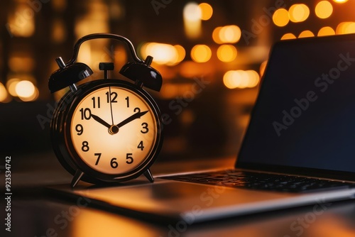 A close-up of a clock showing late hours, with a laptop open, symbolizing the flexible yet isolating nature of remote work photo