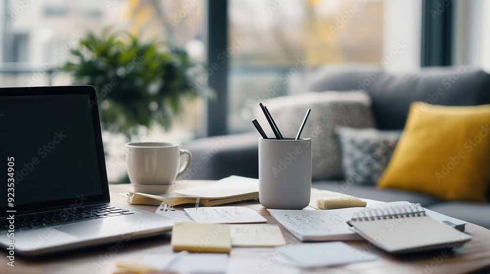 Fototapeta premium A quiet home office with scattered notes, showing the independence and isolation that come with remote work