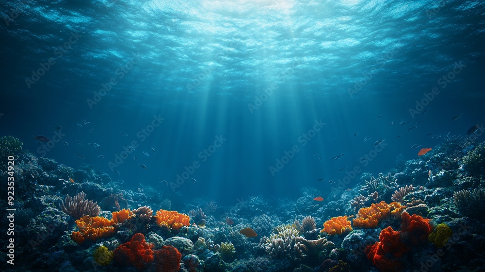 Naklejka premium Vibrant Coral Reef Underwater Scene with Sun Rays