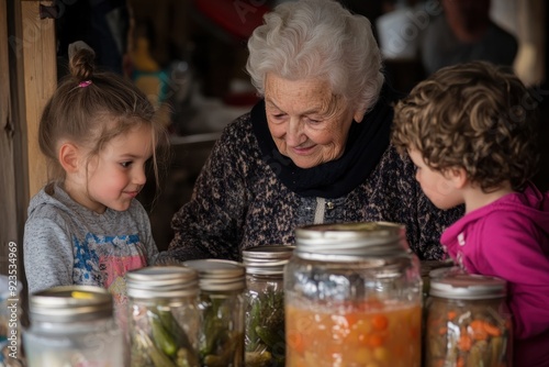 An elderly woman shares a moment with two young children as they explore jars of preserved vegetables and fruits, epitomizing family bonding, tradition, and intergenerational knowledge. photo