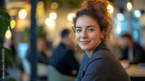 Portrait of a business woman sitting in an office with his colleagues in the background. Happy business woman working in a co-working office. Generative ai