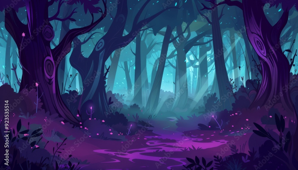 Fototapeta premium Forbidden forest on Halloween night. Enchanted moonlight village mystic forest haven. Ethereal graveyard mystic forest glow. Cartoon fantasy game background.