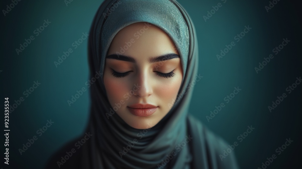 Serene Portrait of a Woman in a Hijab with Eyes Closed Against a Soft Green Background Serene Portrait of a Woman in a Hijab with Eyes Closed Against a Soft Green Background