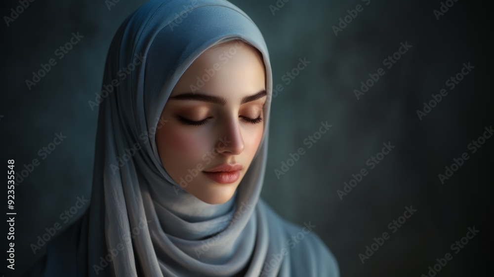 Portrait of a Young Woman in a Hijab with Eyes Closed Against a Soft, Dark Background Portrait of a Young Woman in a Hijab with Eyes Closed Against a Soft, Dark Background