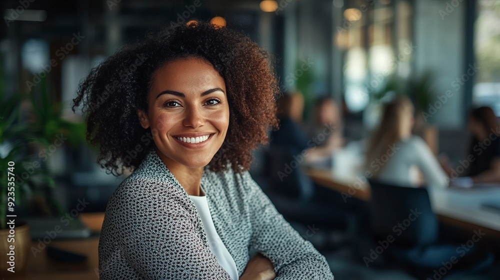 Portrait of a business woman sitting in an office with his colleagues in the background. Happy business woman working in a co-working office. Generative ai Portrait of a business woman sitting in an office with his colleagues in the background. Happy business woman working in a co-working office. Generative ai