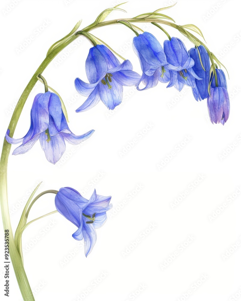 Obraz premium Delicate bluebell flowers hanging on a curved green stem, illustrated in watercolor style on a clean white background.