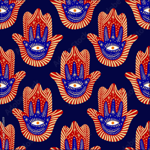 Hamsa seamless pattern. Magical boho hand art mystical meditation witchcraft sacred symbol. Magical palm with Nazar eye shaped amulet inside. Illustration for yoga and reiki, holistic medicine
