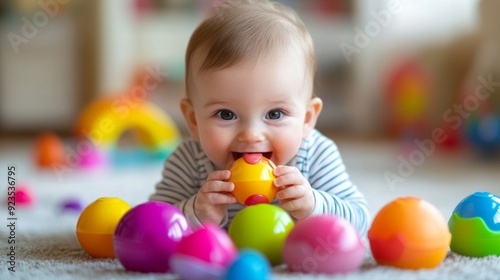 A cheerful baby explores vibrant toys, showcasing curiosity and delight in a cozy, colorful playroom atmosphere