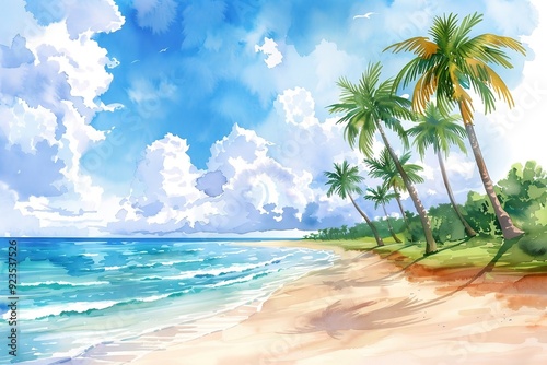 Illustration in anime style: tropical landscape sea coast and palm trees, watercolor. AI generated