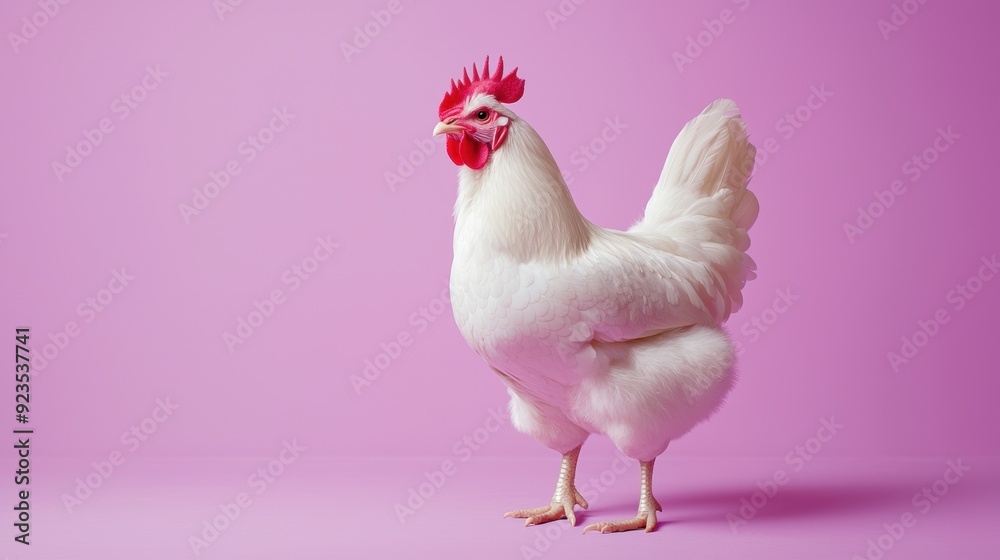 Fototapeta premium A white chicken stands on a pink background