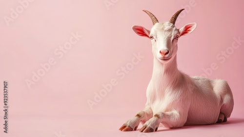 A white goat is laying down on a pink background