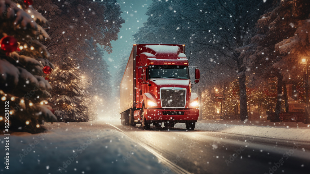 red truck in the snow at christmas 