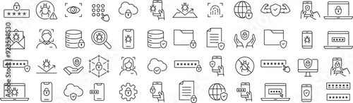 ベクターでモノクロのサイバーセキュリティに関する線画アイコンセット