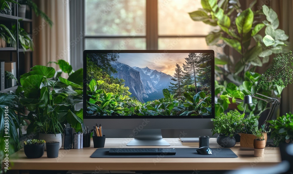 A well-lit home office setup featuring a large monitor with a mountain wallpaper, surrounded by vibrant houseplants, with a window view A well-lit home office setup featuring a large monitor with a mountain wallpaper, surrounded by vibrant houseplants, with a window view