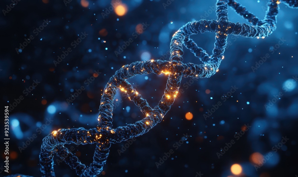 artistically rendered image of a DNA double helix glowing in a dark blue environment, symbolizing biotechnology and genetic research artistically rendered image of a DNA double helix glowing in a dark blue environment, symbolizing biotechnology and genetic research