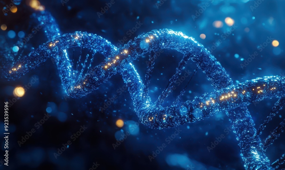 artistically rendered image of a DNA double helix glowing in a dark blue environment, symbolizing biotechnology and genetic research