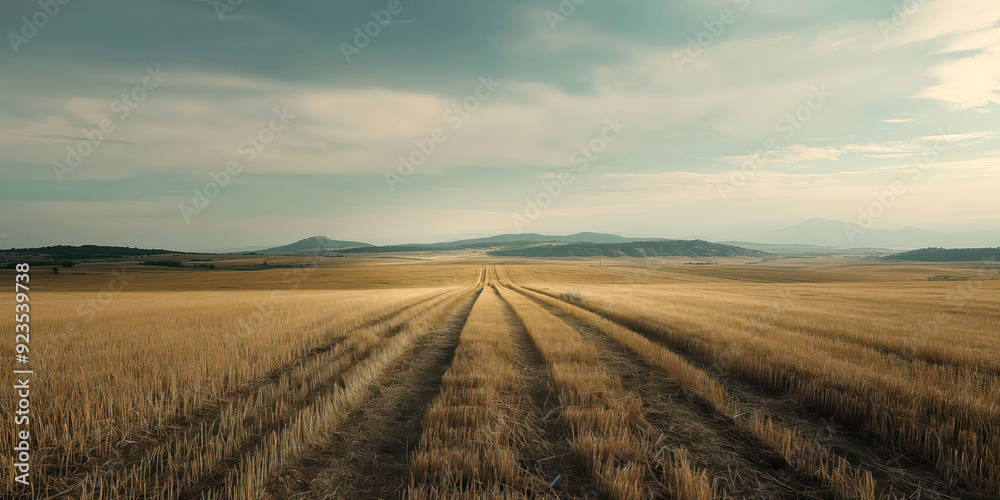 Vast Countryside Landscape with Path through Golden Wheat Fields under Cloudy Sky Vast Countryside Landscape with Path through Golden Wheat Fields under Cloudy Sky