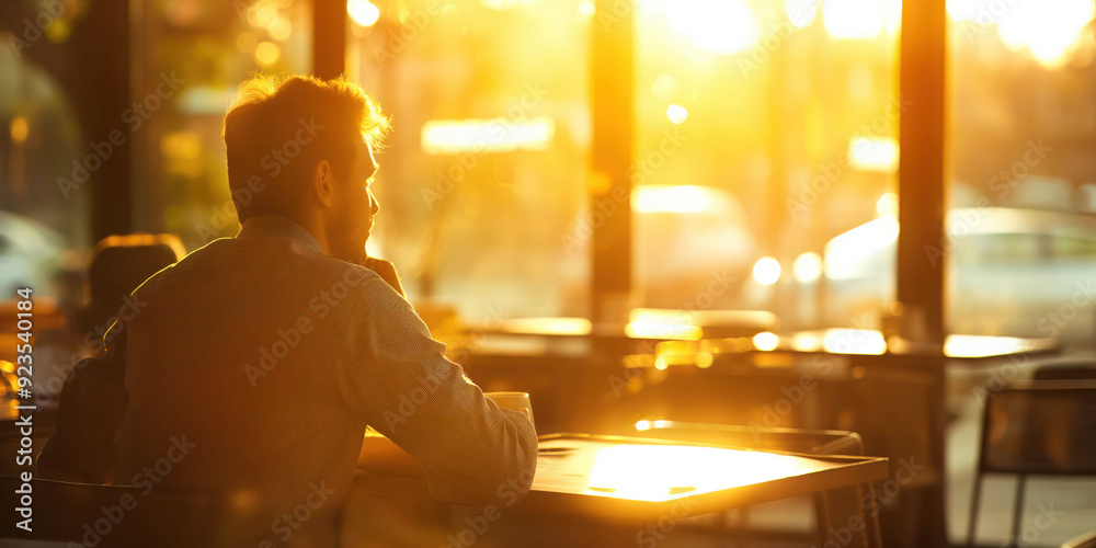 Pensive Man Sitting Alone in Cafe at Sunset Pensive Man Sitting Alone in Cafe at Sunset