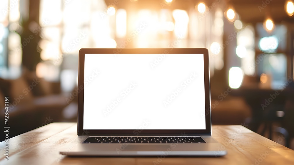 Laptop with Blank Screen on Wooden Table in Cafe. Laptop with Blank Screen on Wooden Table in Cafe.