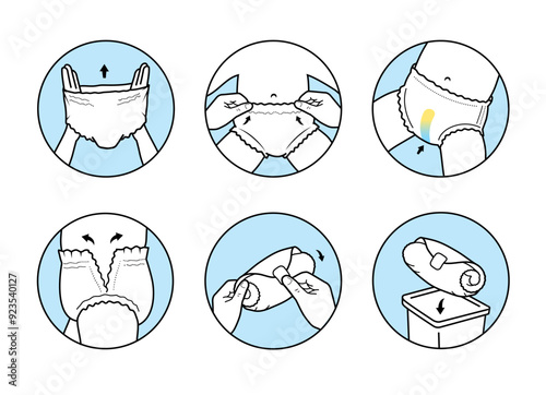 Icons set for Instruction of using diaper pants. The outline icons are well scalable and editable. Contrasting vector elements are good for different backgrounds. EPS10.	