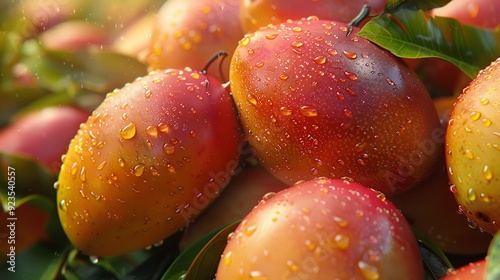 Beautiful juicy ripe mango hang on a branch in the summer garden