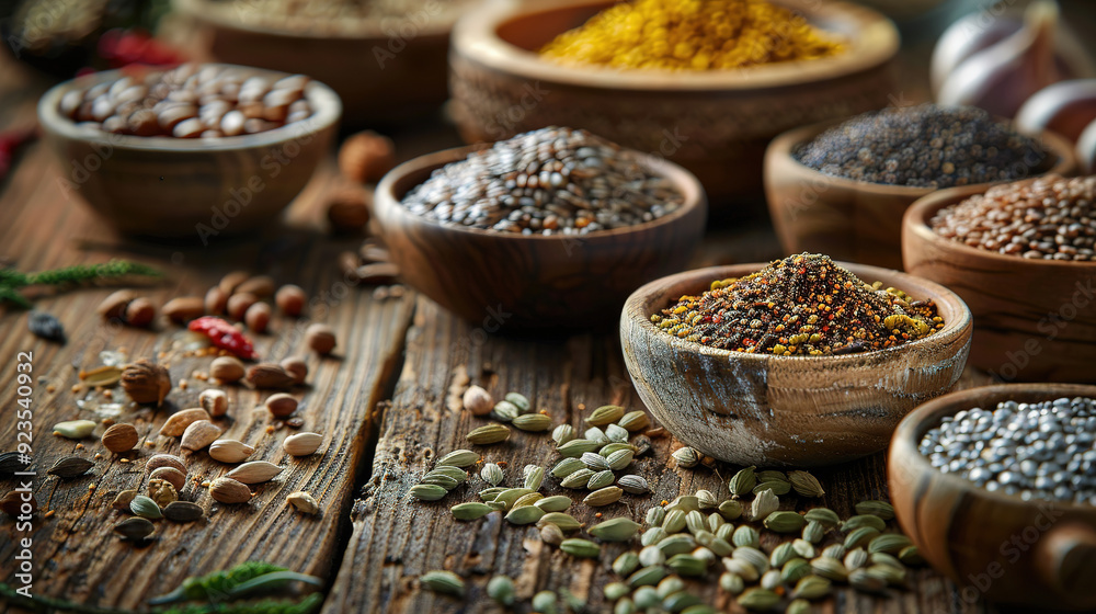 different seeds and other spices on a wooden table, front view shot different seeds and other spices on a wooden table, front view shot