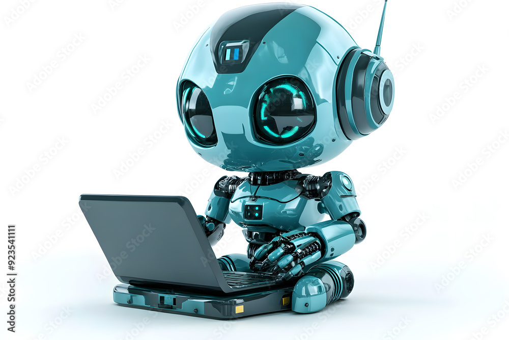 Cute friendly artificial intelligence robot using laptop computer 3d illustration isolated on white. Chatbot and AI assistant concept Cute friendly artificial intelligence robot using laptop computer 3d illustration isolated on white. Chatbot and AI assistant concept