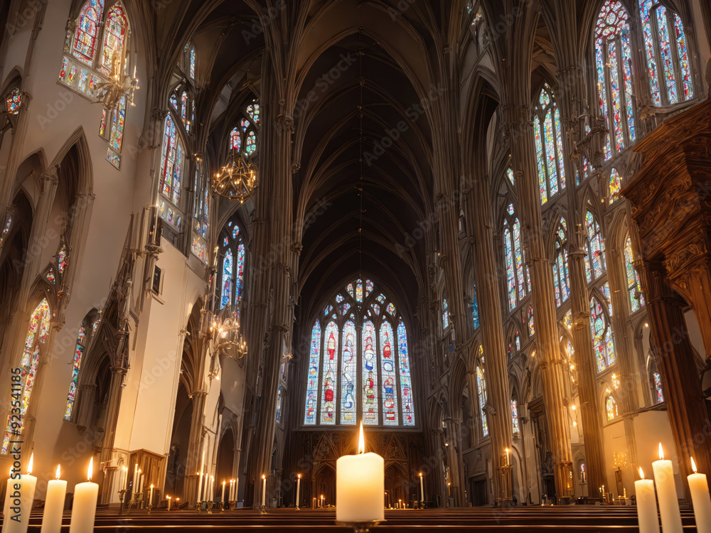 Fototapeta premium Stunning Interior of Gothic Cathedral With Colorful Stained Glass Windows and Soft Candlelight Illuminating the Altar