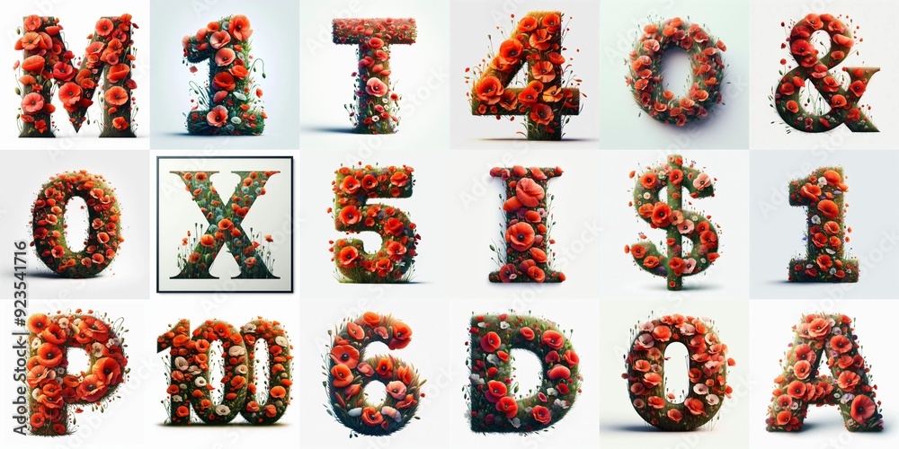 Naklejka premium Poppies flowers Lettering Typeface. AI generated illustration