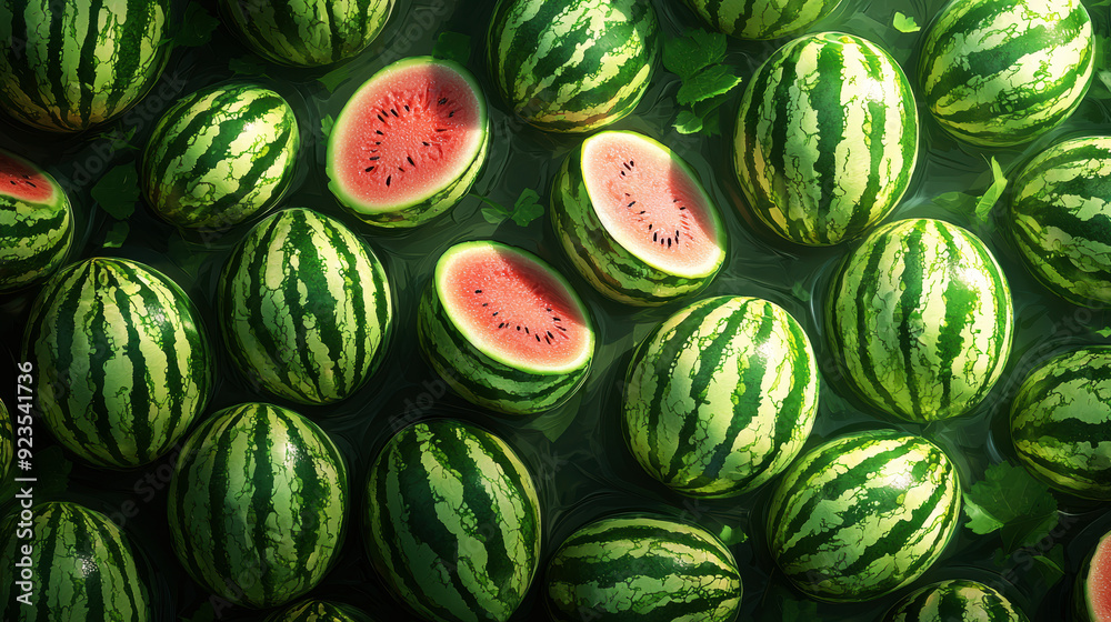 A bunch of watermelons are floating in a pool of water A bunch of watermelons are floating in a pool of water