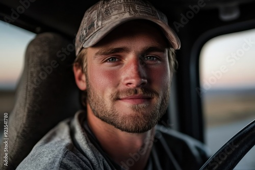 A young man with stubble, wearing a cap and casual attire, smiles warmly inside his vehicle cabin, exuding a sense of freedom and contentment during his journey.